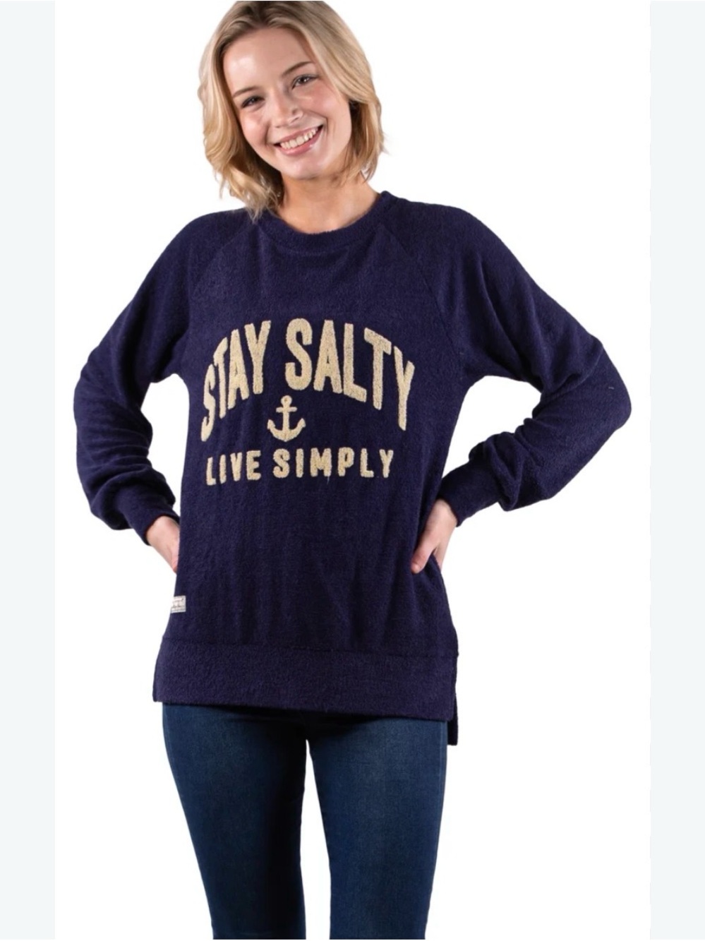 Simply Southern Navy Sweater with Cream 'Stay Salty' Graphic